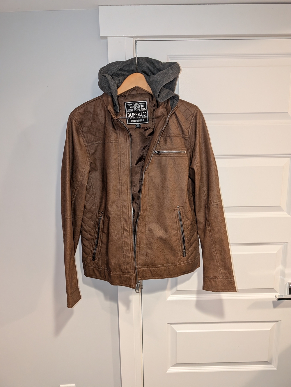 Buffalo David Bitton Brown Men's Faux Leather Jacket with Gray Hoodie